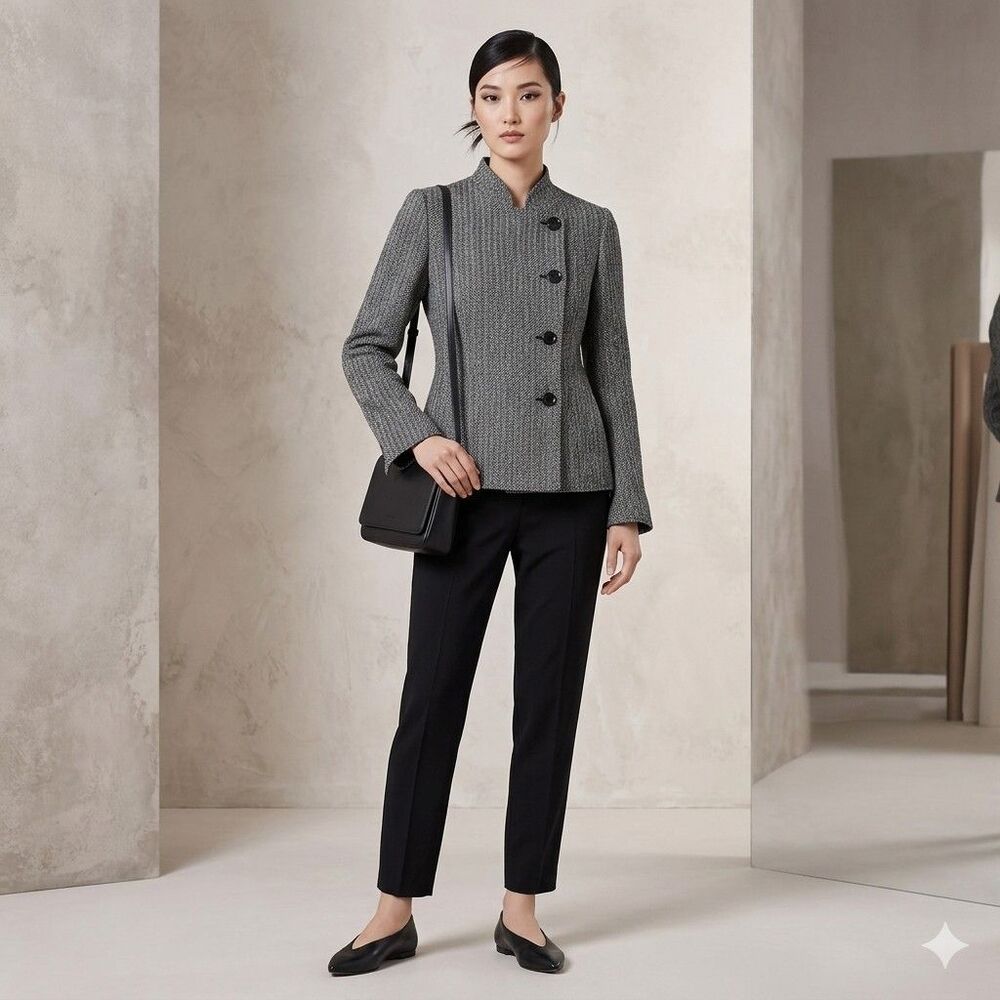 Armani Collezioni Jacket Blazer Wool Knit Herringbone Collarless Grey 6 Italy